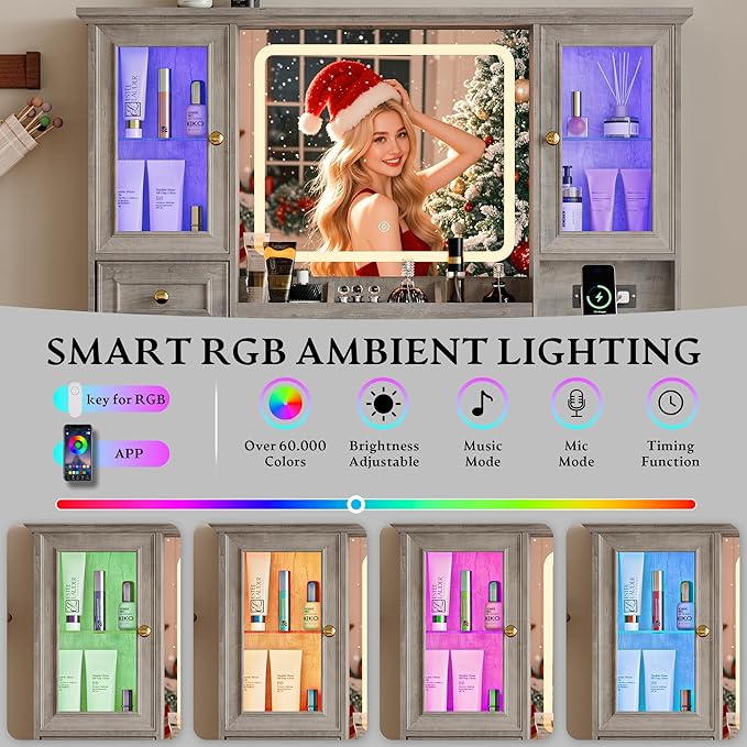Makeup Vanity Desk with HD Lighted Mirror & Power Outlet, Farmhouse Vanity Table Set with Storage Drawers & RGB Cabinets, Large Dressing Table with 3 Lighting Modes for Women Kids Girls Bedroom, Grey