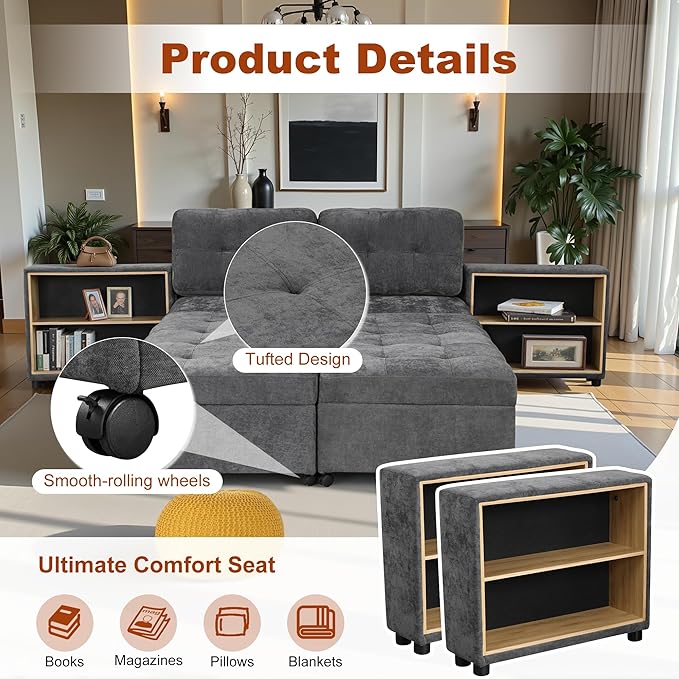 121.2" Sectional Couch, Versatile Sofa Bed Modular Sofa with Two Storage Racks, Sectional Couches for Living Room and Office, Dark Grey