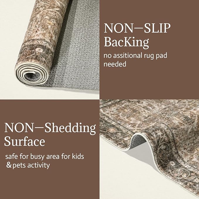 2'x6' Washable Runner Rug Utral Soft Lightweight Vintage Boho Distressed Non-Slip Backing,Low Pile Stain Resistant Farmhouse Rug for High-Traffic Hallway, Kitchen & Laundry