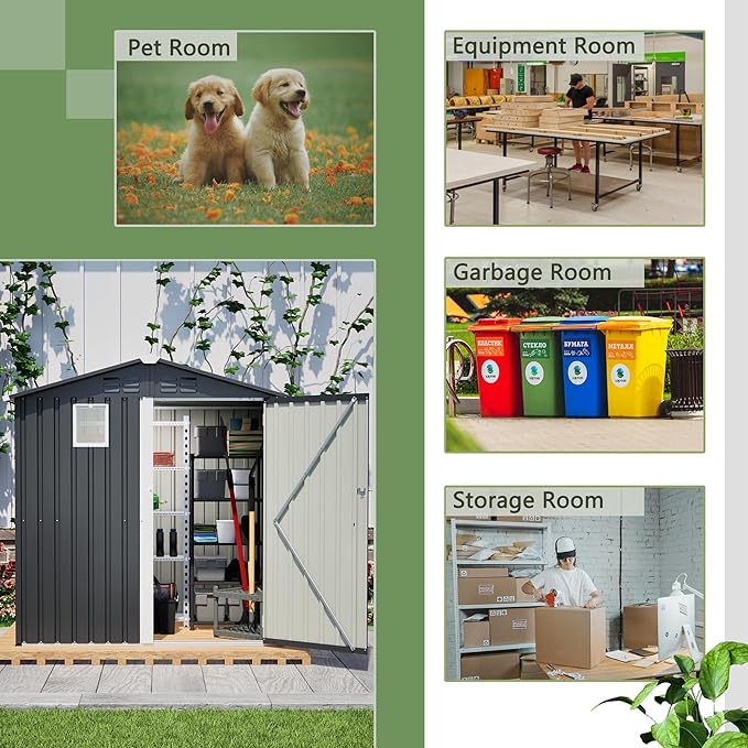 6x4 FT Outdoor Storage Shed with Windows Metal Garden Sheds with Lockable Doors Waterproof Galvanized Small Tool Storage Steel Sheds with Air Vents Sloping Roof Ideal for Backyard Patio Lawn Gray