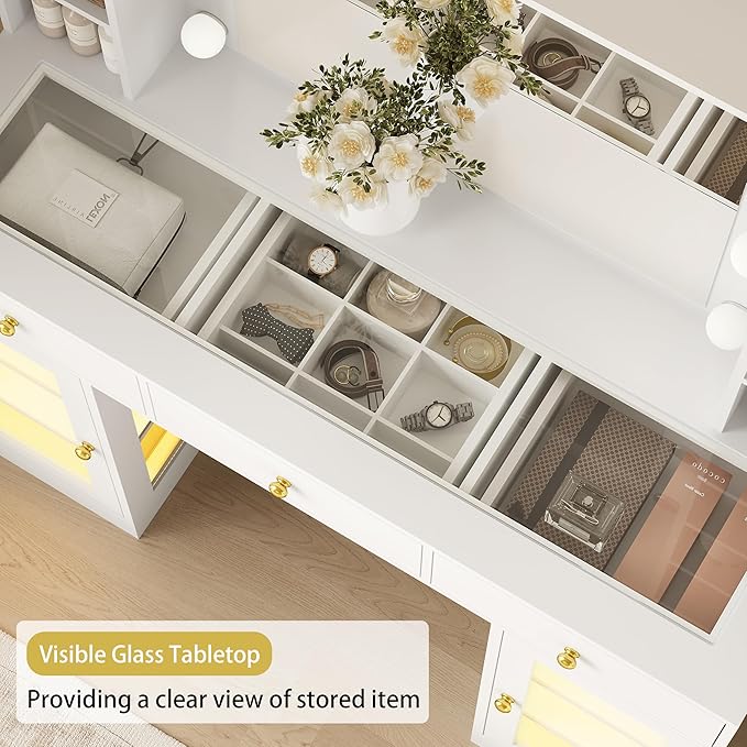 Makeup Vanity Desk with Mirror and Lights, Glass Top Vanity Table Set with Drawers & Power Outlet, Large Dressing Table with 3 Color Lighting Modes & RGB Cabinets for Women Girls Kids Bedroom, White