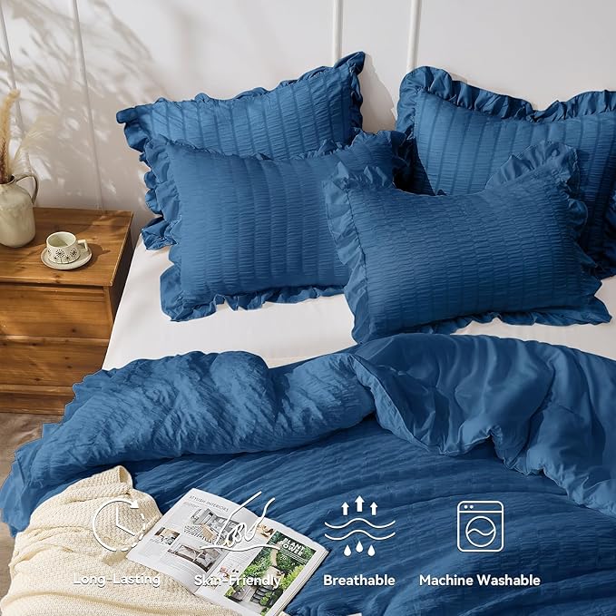 JOLLYVOGUE Teal Twin Size Comforter Set, 2 Pieces Seersucker Lightweight Fluffy Bedding Set, Twin Ruffle Comforter, All Season Soft Microfiber Shabby Chic Bed Set