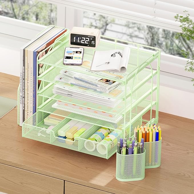 Desk Organizers and Accessories with File Holder, 5-Tier Office Desk Accessories & Workspace Desktop Organizer with Drawer and 2 Pen Holder, File Paper Organizer for Office Supplies(Green)