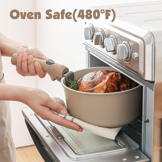 SENSARTE 17 Piece Ceramic Pots and Pans Set, Nonstick Detachable Handle Cookware, Induction Kitchen Cookware Set with Removable Handle, Dishwasher ＆ Oven Safe (Almond Beige)