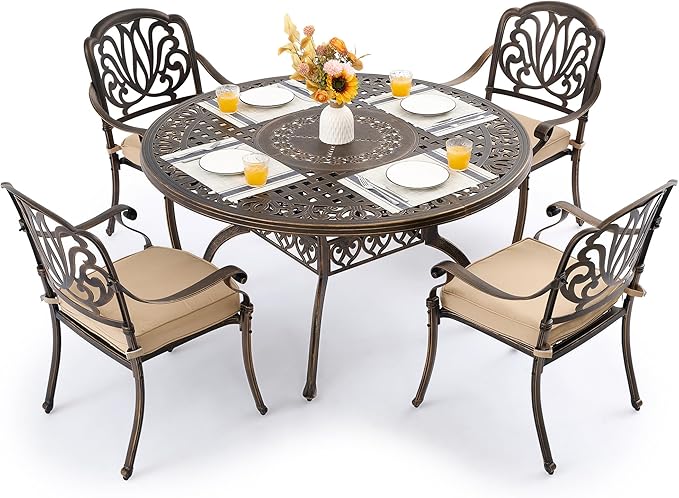 5 Piece Outdoor Dining Set Cast Aluminum, Retro Patio Dining Furniture Set for 4 Includes 54’’ Round Table 4 Chairs with Thicker Cushion and Umbrella Hole for Patio Deck Garden
