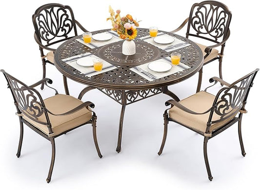 5 Piece Outdoor Dining Set Cast Aluminum, Retro Patio Dining Furniture Set for 4 Includes 54’’ Round Table 4 Chairs with Thicker Cushion and Umbrella Hole for Patio Deck Garden