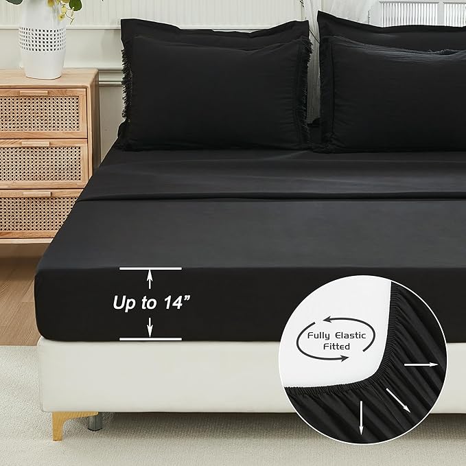 Andency California King Size Black Comforter Sets with Sheets - 7 Pieces Boho Tassel Bed in a Bag Soft Lightweight Bedding Sets, Black Fringe Bed Set with Comforter, Sheets, Pillowcases & Shams