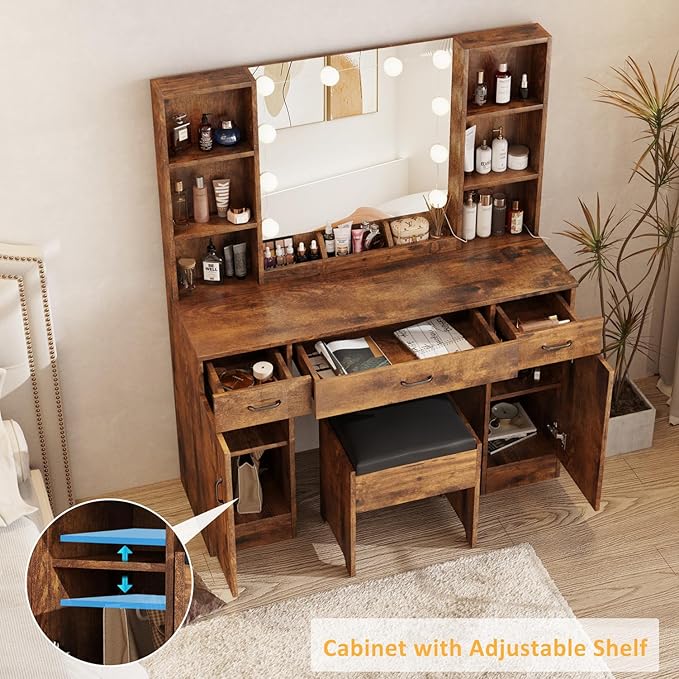 Makeup Vanity Desk with Lighted Mirror, 3 Lighting Colors, Large Vanity Set Makeup Table with 3 Drawers, 2 Cabinets and Multiple Shelves 45.2in(W)(Rustic Brown)