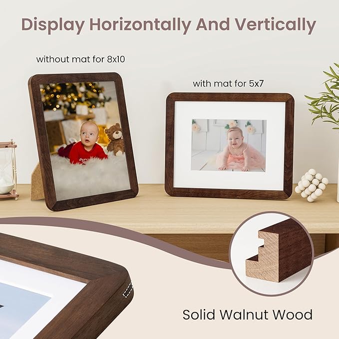 8x10 Picture Frame - Solid Walnut Wood 8 x 10 Photo Frame, 8''x10'' Frame With Mat For 5x7, Tabletop and Wall Display, Hanging Hardware Included, 8 By 10 Picture Frame Wood, Natural Walnut