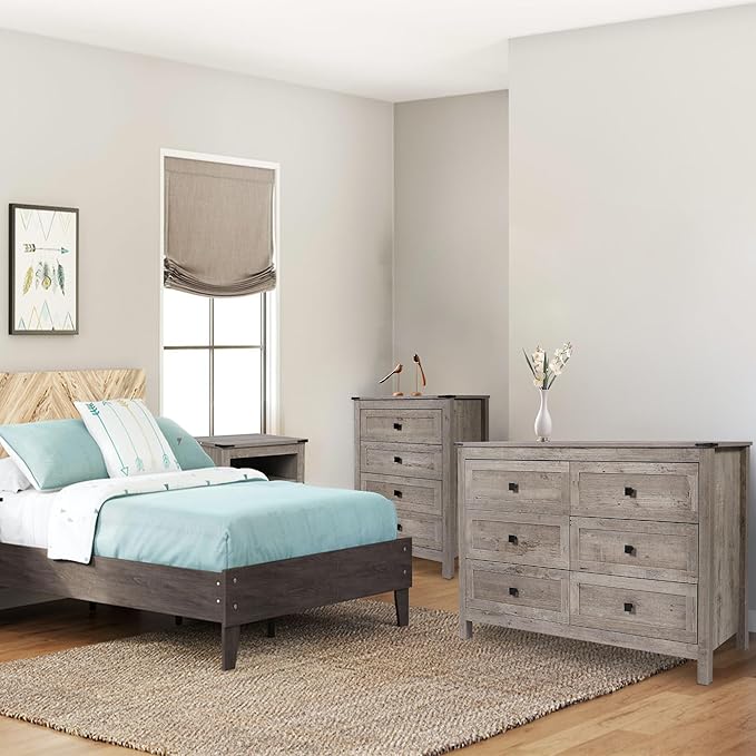 Farmhouse 6 Drawers Dresser and 2pcs 4 Drawer, Wood Double Dresser Chest of Drawers Wide Storage Organizer Cabinet for Bedroom, Living Room, Rustic Gray