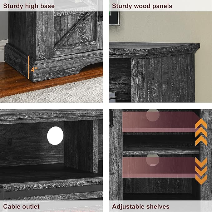 Fireplace TV Stand with Auto-Power-Off Door Sensor, Farmhouse 70" TV Console, Media Entertainment Center with Sliding Barn Door, Adjustable Shelves, Fireplace Heater, Dark Rustic Oak