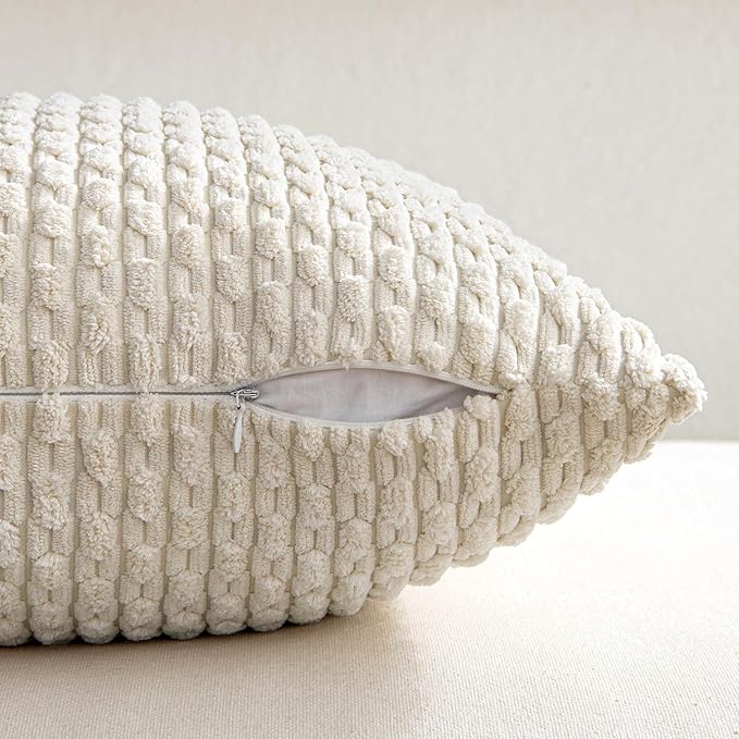 MIULEE Throw Pillow Covers Soft Corduroy Decorative Set of 2 Boho Striped Pillow Covers Pillowcases Farmhouse Home Decor for Spring Couch Bed Sofa Living Room 22x22 Inch Cream White