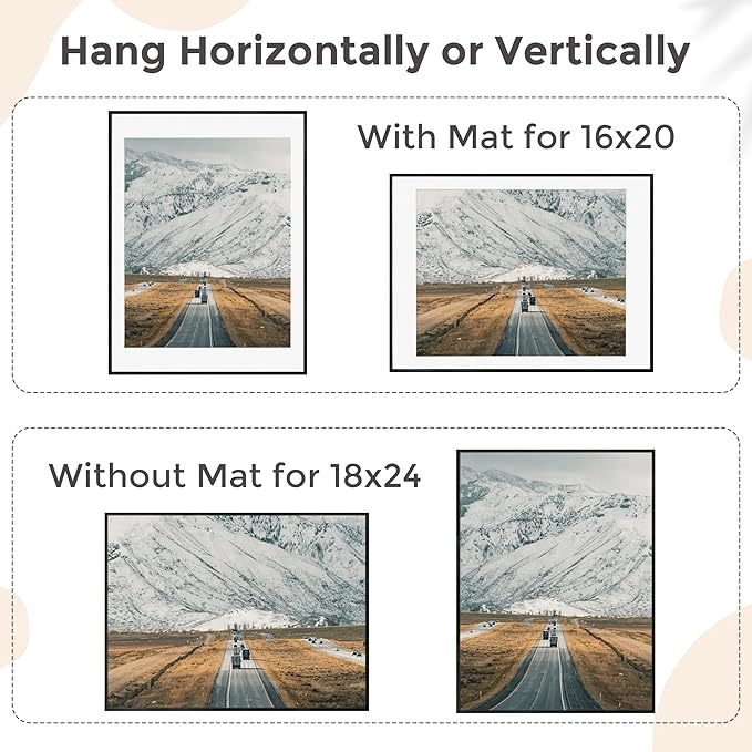 18x24 Metal Picture Frame For Wall With Mat For 16x20, 18''x24'' Aluminum Photo Frames With Tempered Glass For Home Decor, Minimalist Modern Poster Frame Horizontal And Vertical Formats, Black