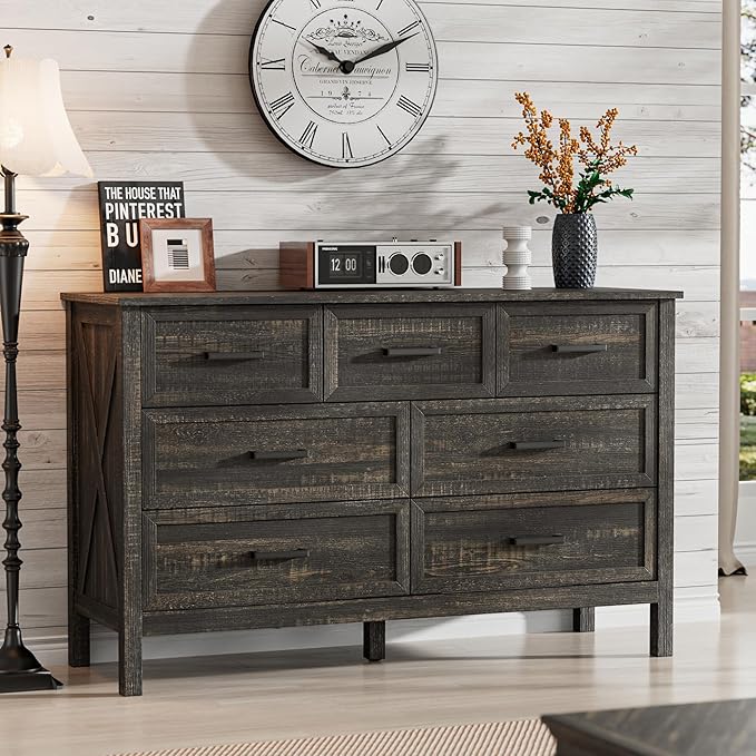 LYNSOM Farmhouse 7 Drawers Dresser for Bedroom, Wood Rustic Wide Chest of Drawers with Deep Drawers, Metal Handle, Storage Dressers Organizer for Entryway, Hallway, Dark Rustic Oak