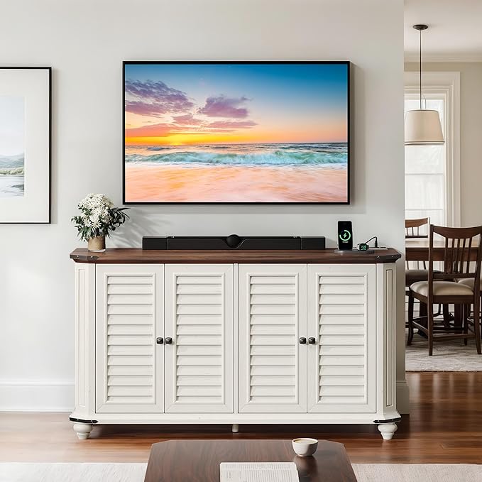 DWVO Farmhouse TV Stand for 60 Inch Television, 30.7" Tall Entertainment Center w/Adjustable Shelves, Wood 4 Shutter-Doors Buffet Sideboard Cabinet, Rustic Media Console Cabinet for Living Room, White