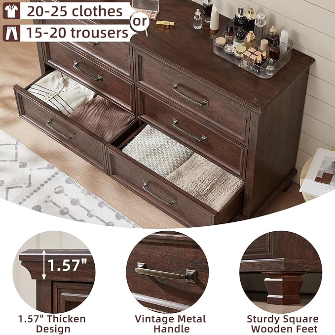 Farmhouse 6 Drawer Dresser for Bedroom, 54 inch Wide Large Vintage Chest of Drawers with Square Solid Wood Legs, Rustic TV Stand for Living Room, Wooden Storage Dressers for Hallway, Walnut