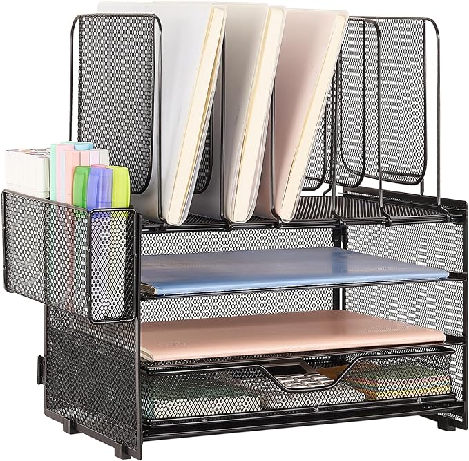 Desk Organizers and Accessories, 3-Tier Paper Organizer with 5 Vertical File Holders, File Organizer for Desk (Black With Drawer, 3T With Drawer)