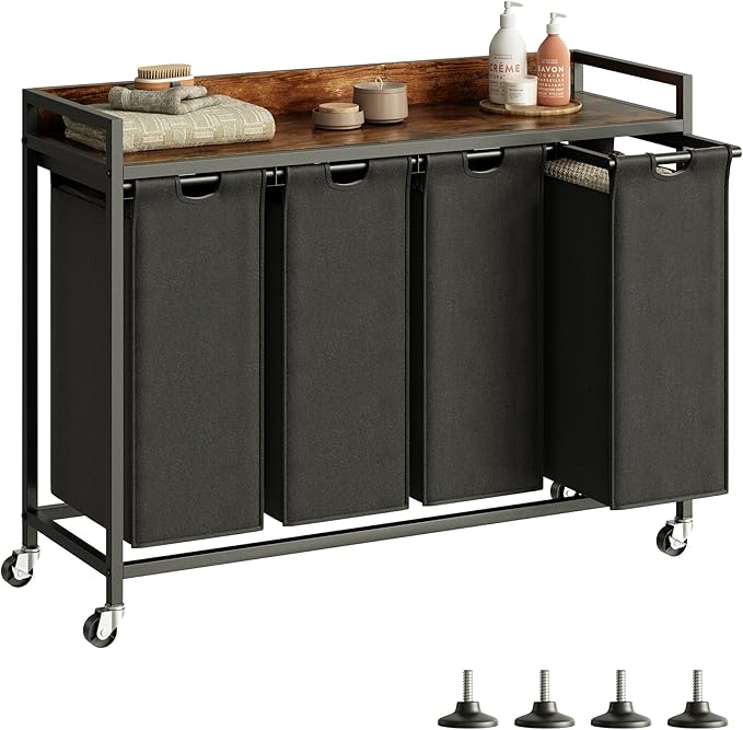 Laundry Hamper with Shelf, Laundry Basket 4 Section, Laundry Sorter with Pull-Out Removable Large Bags and Movable Wheels, Metal Frame, 4 x 15.87 Gallons (60L), Rustic Brown + Blck PF07XLY