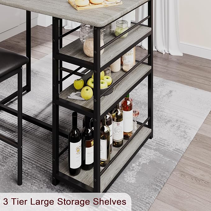 GAOMON Dining Table Set for 2, Kitchen Table and Chairs for 2 with Upholstered Chairs, 3 Piece Counter Height Bar Kitchen Table Set with 3 Storage Shelves for Small Space, Apartment, Rustic Gray