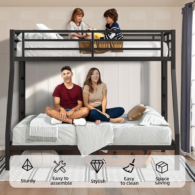 Twin Over Full Bunk Bed Frame, Heavy Duty Metal Loft Bed for Adults/Teens, 250/350LB Capacity w/Ladder & Guardrail, Noise-Free Steel Slats, No Box Spring Required, Black