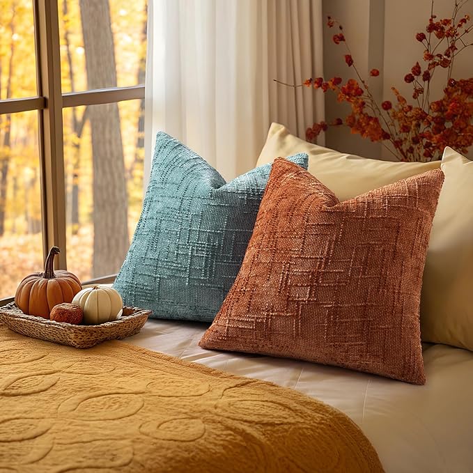 decorUhome Fall Rust Chenille Throw Pillow Covers 18x18 Set of 2 Thick Textured Slubby Couch Pillow Covers Farmhouse Accent Modern Neutral Decorative Pillow Cases for Bed Sofa Living Room