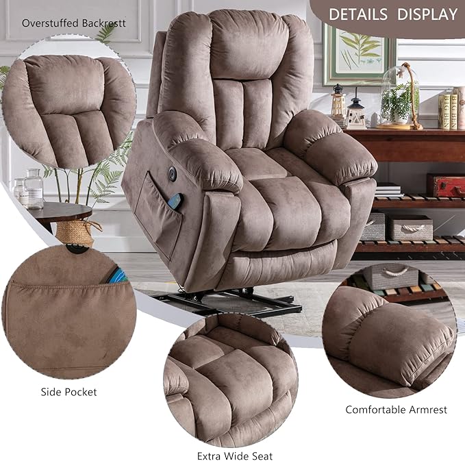 CANMOV Power Lift Recliner Chair with Massage and Heat for Elderly, Overstuffed Wide Recliners, Heavy Duty and Safety Motion Reclining Mechanism with USB Ports, 2 Concealed Cup Holders, Apricot