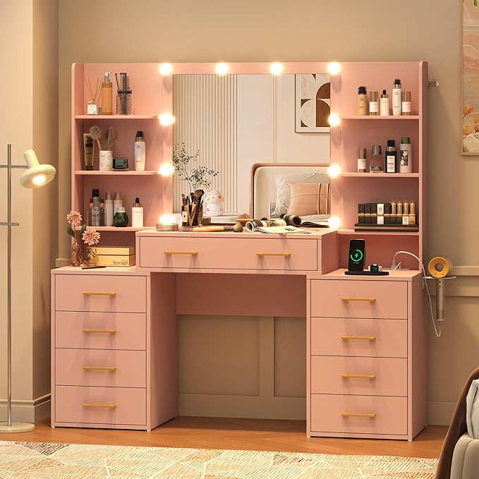 55 in Glass Top Vanity Desk with Mirror and Lights, Large Vanity Makeup Mirror Desk with Charging Station Compartment Storage Drawers, Modern Makeup Vanity with 9 Drawers 6 Shelves, Pink