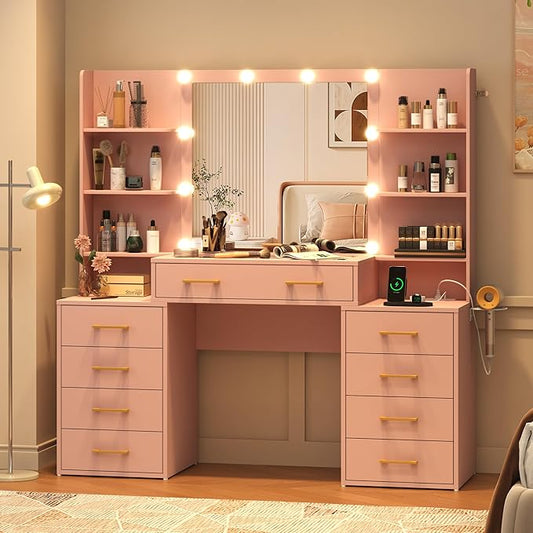 55 in Glass Top Vanity Desk with Mirror and Lights, Large Vanity Makeup Mirror Desk with Charging Station Compartment Storage Drawers, Modern Makeup Vanity with 9 Drawers 6 Shelves, Pink