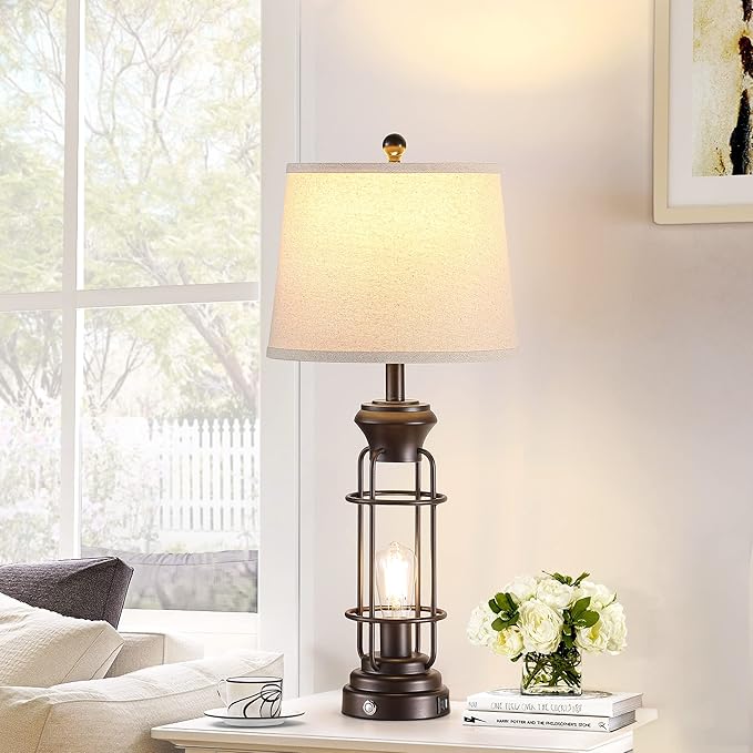 28.5" Farmhouse Lamps for Bedrooms Set of 2, Tall Table Lamps for Living Room with Dual USB Charging Port, Oil Rubbed Bronze Table Lamp with White Oatmeal Shade, Bulbs Included
