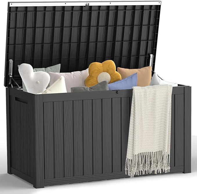 180 Gallon Outdoor Storage Box, Waterproof Deck Box with Handles and Lockable Lid, Resin Patio Storage Box with Hydraulic Rods for Garden Tools, Cushions, Black