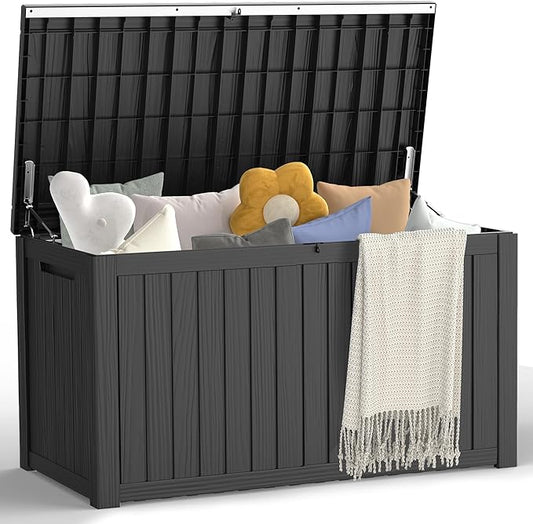 180 Gallon Outdoor Storage Box, Waterproof Deck Box with Handles and Lockable Lid, Resin Patio Storage Box with Hydraulic Rods for Garden Tools, Cushions, Black