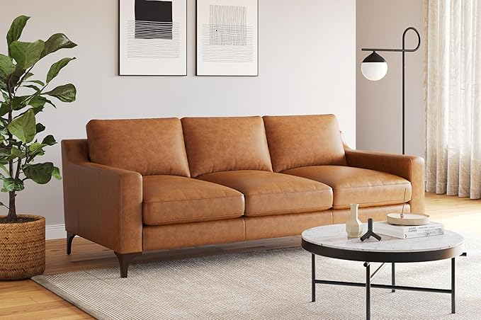 Valencia Hannah 86" Full Leather Sofa - Italian Nappa Premium Full-Aniline Leather Modern Cloud Couch for Living Room/Apartment Furniture, Saddle Tan