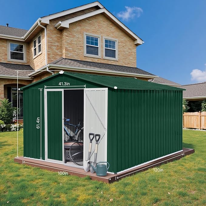 10 x 8 FT Outdoor Storage Shed, Metal Garden Tool Shed with Slooping Roof, Lockable Doors and Aluminum Frames, Easy to Assemble for Garden, Patio, Lawn, Green