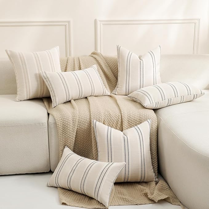 Hckot Hand Made Throw Pillow Covers 12x20 Set of 2 Striped Pillow Covers Textured Linen Decorative Pillows Lumbar Cushion Covers for Sofa Couch Bed Living Room Farmhouse Decor, Grey