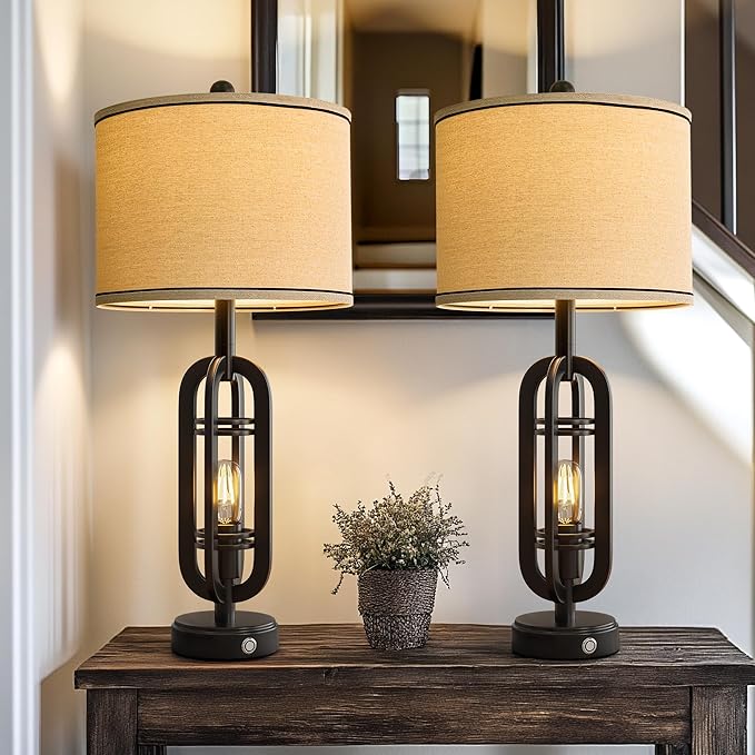 27.25'' Table Lamps Set of 2 for Living Room Bedroom Industrial Farmhouse Metal Touch Lamps with USB A+C Ports, Night Light Vintage Nightstand Bedside Lamp, Bulbs Included, Black