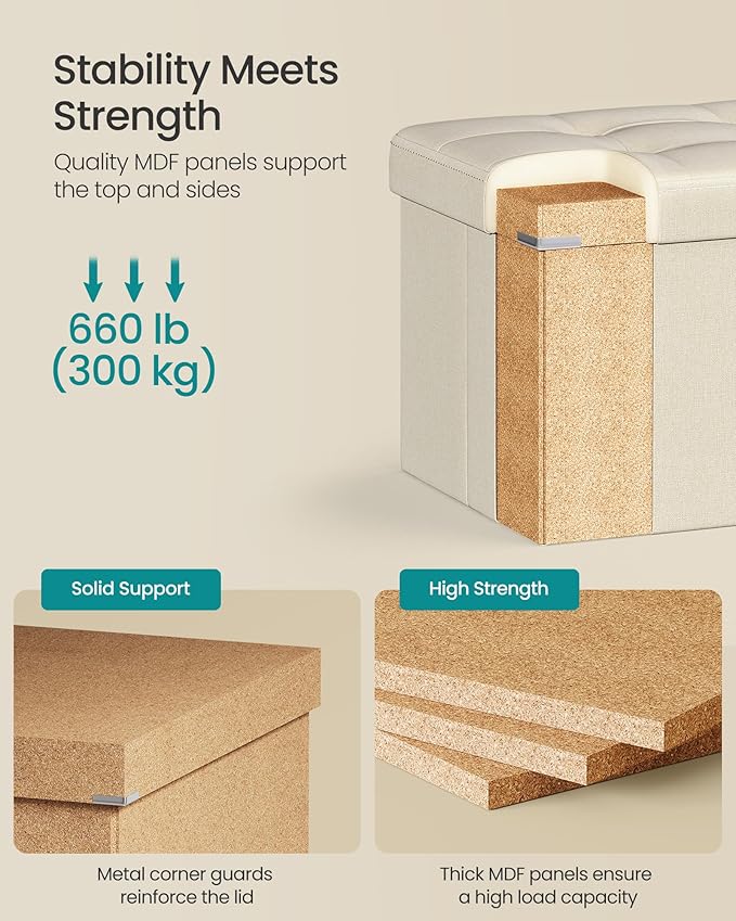 SONGMICS MAZIE Collection - 43 Inches Folding Storage Ottoman Bench, Ottoman Foot Rest, End of Bed Bench, Storage Chest, Load 660 lb, for Living Room, Bedroom, Entryway, Cream White ULSF77BE