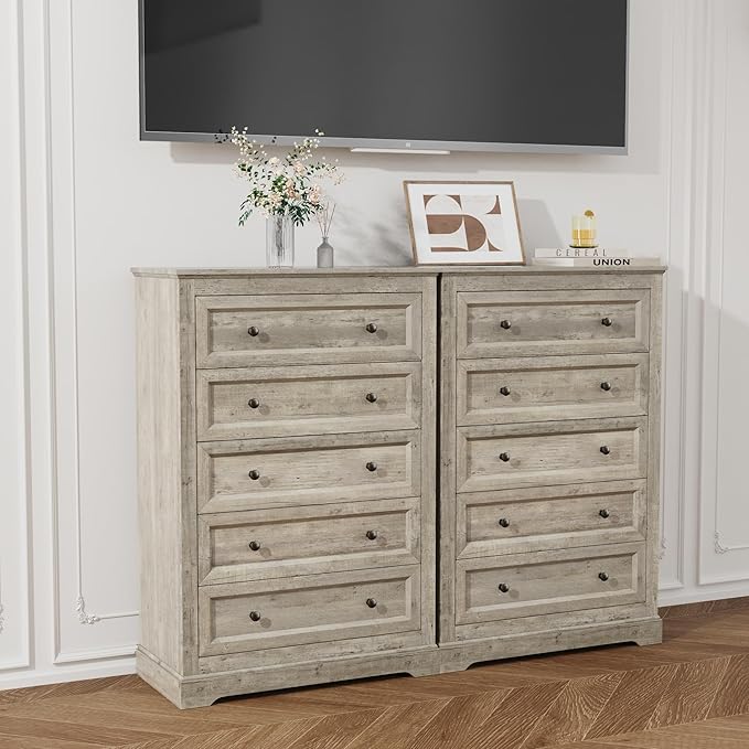 Farmhouse Dresser 5 Drawer, Bedroom Chest of Drawers, Dressers with 5 Drawers, Wooden Dressers for Bedroom, Living Room, Tv Stand, Entryway (Grey-5 Drawers)