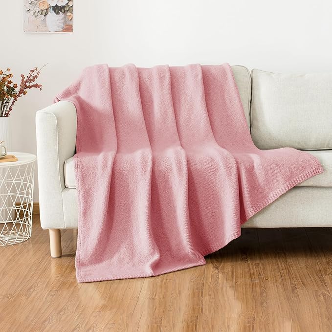 Carriediosa Wool Blend Knit Throw Blanket 60" X 80", 50% Recycled Polyester Soft Cable Knitted Fluffy Throws for Couch Lightweight Woven Blankets for Sofa Fuzzy Cozy Bed Cover, Pink