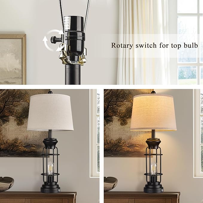 Black Table Lamps Set of 2, 28.5" Farmhouse Lamps for Living Room with USB C+A Ports, Touch Lamps for Bedroom, LED Bulbs Included