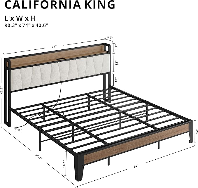 LIKIMIO California King Bed Frames, Storage Headboard with Charging Station, Solid and Stable, Noise Free, No Box Spring Needed, Easy Assembly, Wood and Cream