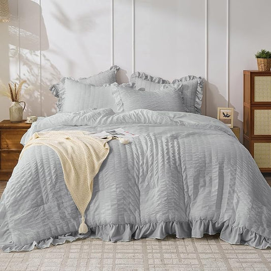 JOLLYVOGUE Light Grey Twin Size Comforter Set, 2 Pieces Seersucker Lightweight Fluffy Bedding Set, Twin Ruffle Comforter, All Season Soft Microfiber Shabby Chic Bed Set