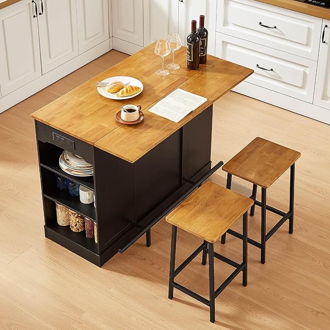 Stationary Kitchen Islands Include 2 Chairs, 47" Kitchen Island with Drop Leaf, Home Bar Table with Spice Rack & with Trash Cabinet, Island Table for Dining Room with Power Outlet, Black
