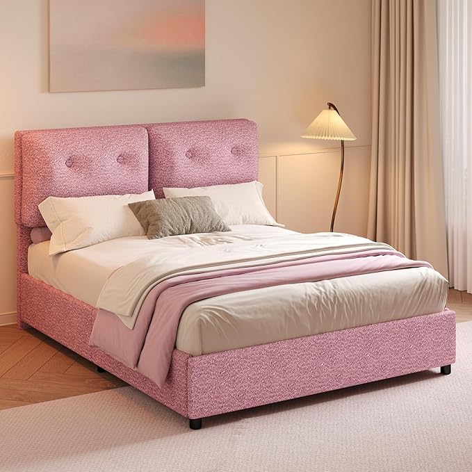 Full Bed Frames,Breathable Boucle Fabric Upholstered Bed Frame with Headboard,Removable and Washable,Wood Slat Support,No Box Spring Needed,Easy Assembly,Pink