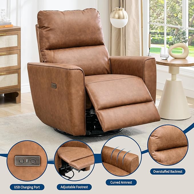 GarveeHome Power Recliner Chair Swivel Glider Upholstered Faux Leather Nursery Rocker Reclining Sofa Chair with Charging Port, Curved Armrests & Padded Backrest (Brown)