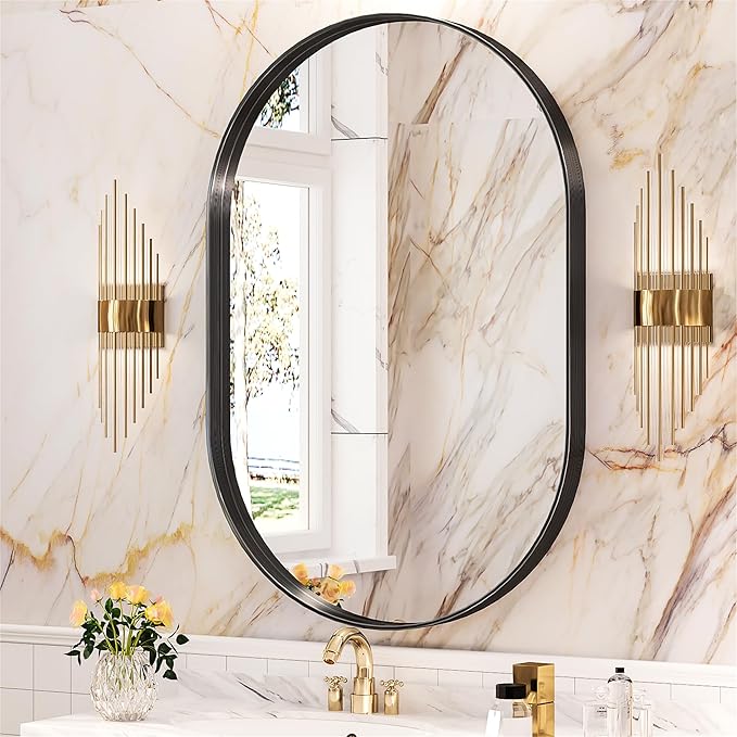 Suidia 24" x 36" Bathroom Mirror, Bathroom Vanity Mirror Metal Framed, Wall-Mounted Mirrors for Bedroom, Living Room, Entryway, Hallway, Black, Oval Style