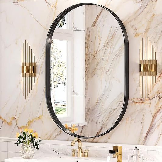 Suidia 24" x 36" Bathroom Mirror, Bathroom Vanity Mirror Metal Framed, Wall-Mounted Mirrors for Bedroom, Living Room, Entryway, Hallway, Black, Oval Style