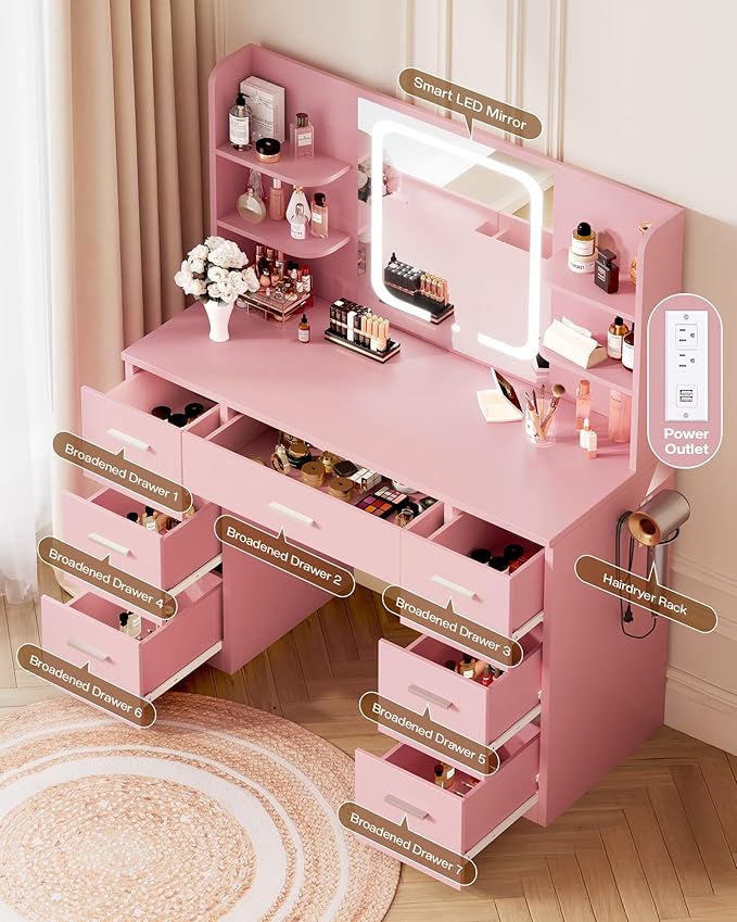 Large Makeup Vanity Desk, 43.3“W x 15.7”D x 53.2“H, Pink (Large Desktop, Samrt LED Mirror, 4 Open Shelves, 7 Drawers, Hairdryer Rack, Power-Outlet)