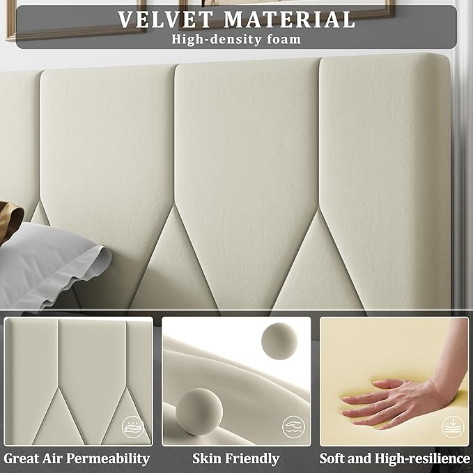 Queen Size Bed Frame, Platform Bed Frame with Velvet Upholstered Headboard, Queen Upholstered Mattress Foundation with Strong Wooden Slats, No Box Spring Needed, Noise Free, Easy Assembly