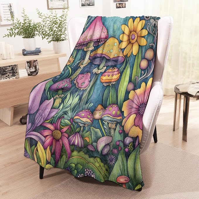 Fantasy Mushroom Blanket, Cozy Flannel Colorful Toadstools with Flowers Throw Blanket for Couch Outdoor, Plush Soft Lightweight Travel Blankets for Bed Decor and Gifts, for Women Adults 40"x50"