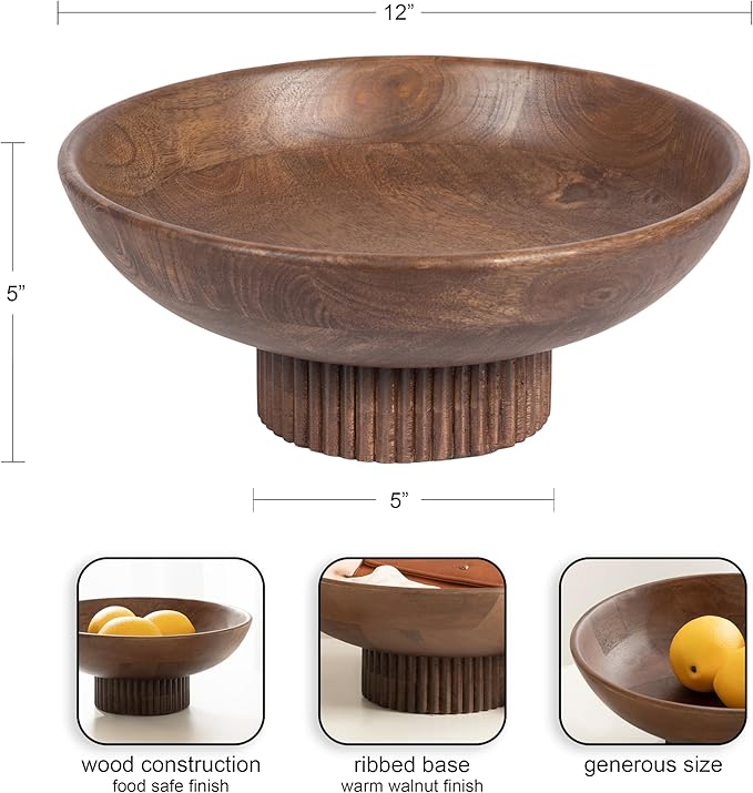 Kate and Laurel Rooks Modern Decorative Ribbed Wood Bowl, 12 Inch Diameter, Walnut Brown, Transitional Raised Fruit Bowl for Kitchen Counter or Use as Living Room or Entryway Table Decor